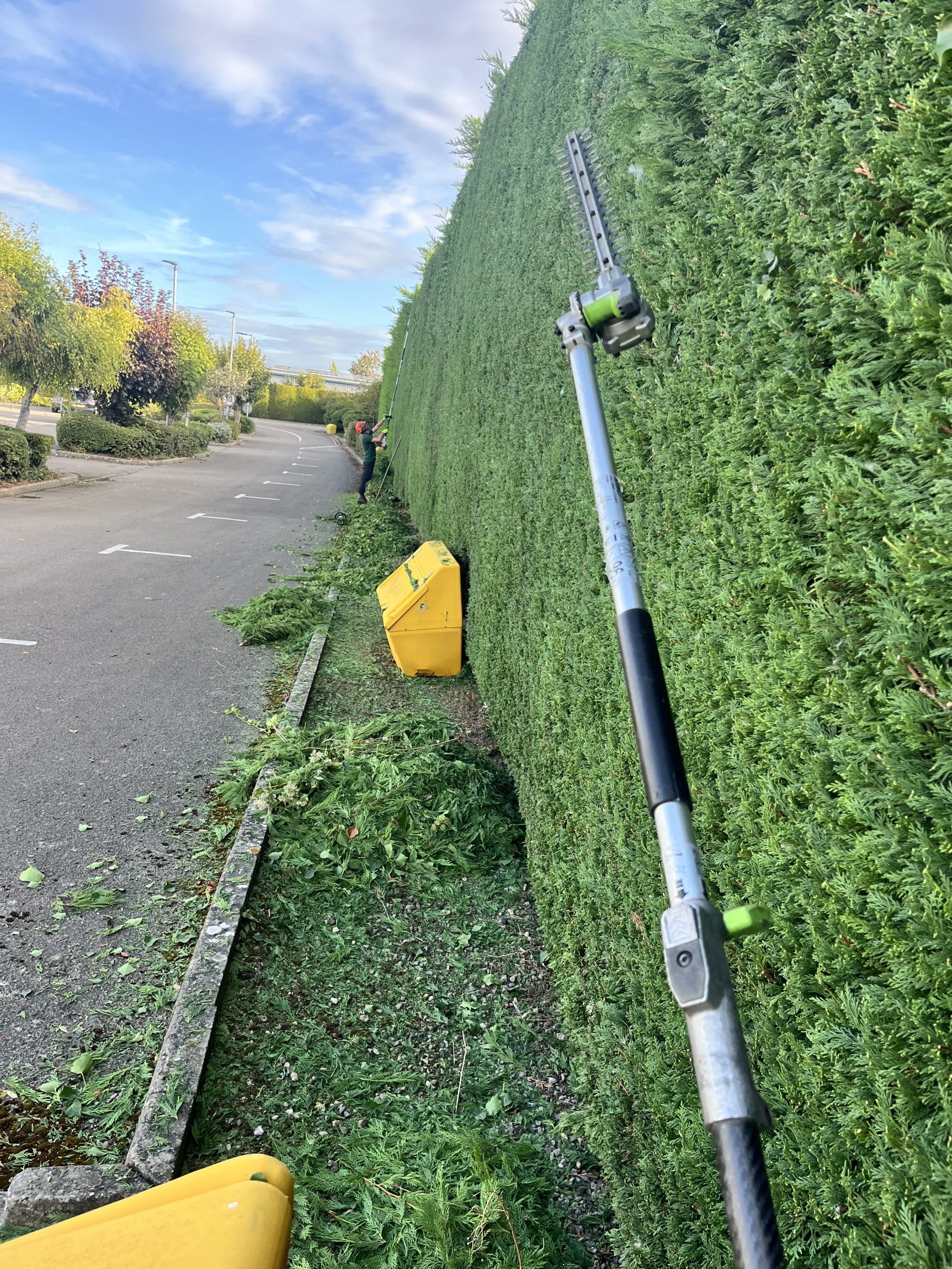 Trimming a hedge along a commercial boundary in Stonehouse
